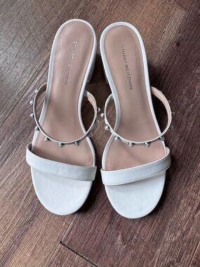 Stuart Weitzman White Pearl-Accent Slide Mules
